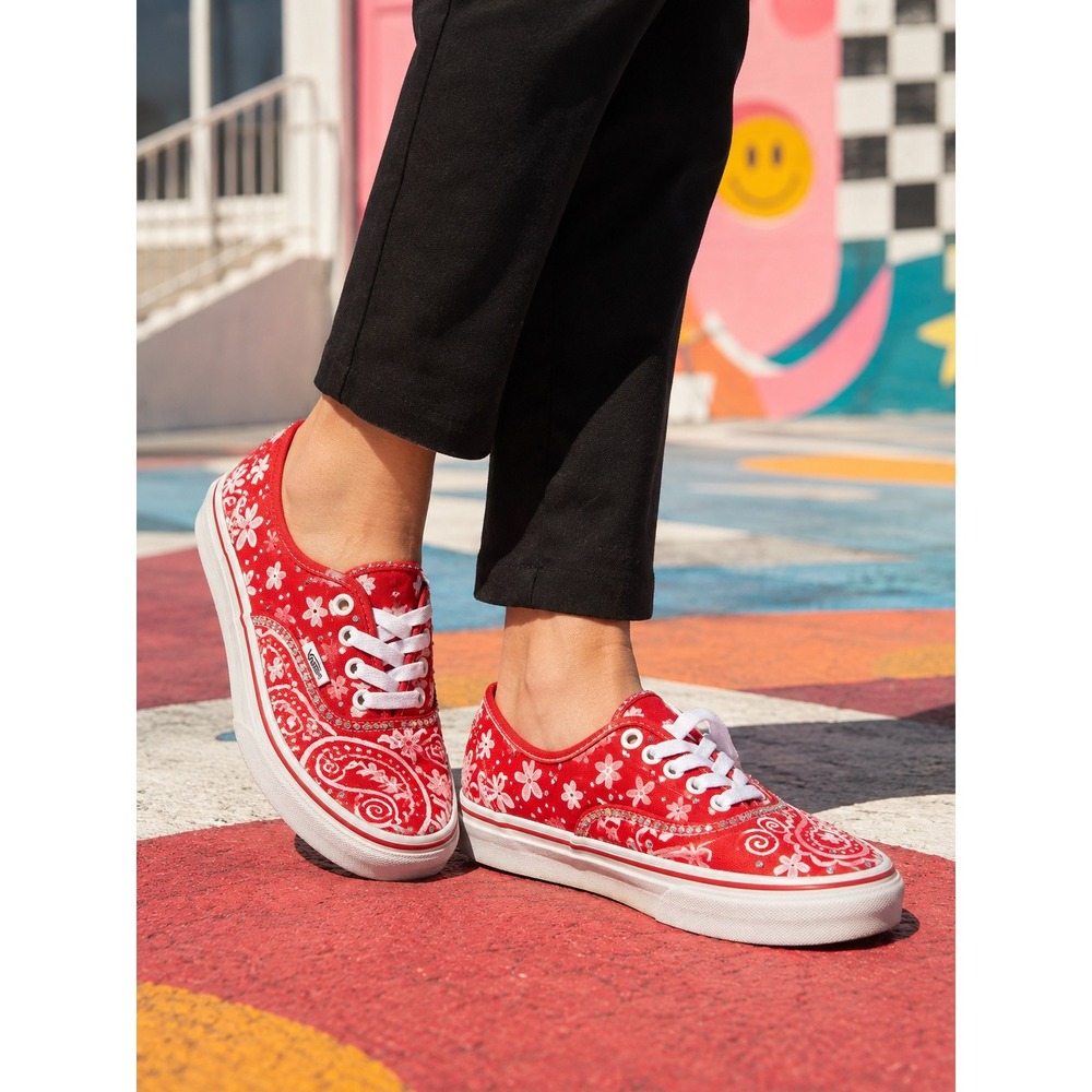 Vans Authentic Red Custom Hand Painted Paisley Rhinestone Sneakers Kids 4  5.5W